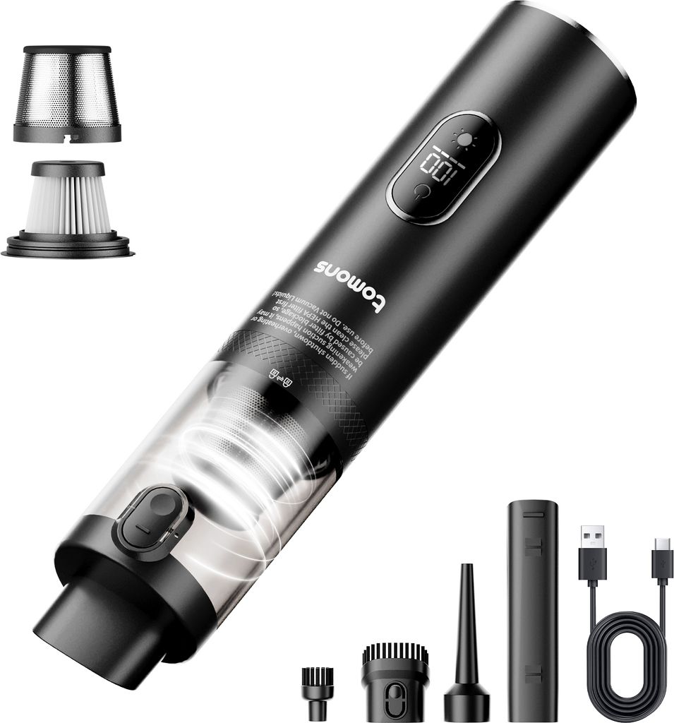 A black cordless handheld vacuum cleaner with accessories and filters displayed against a white background.