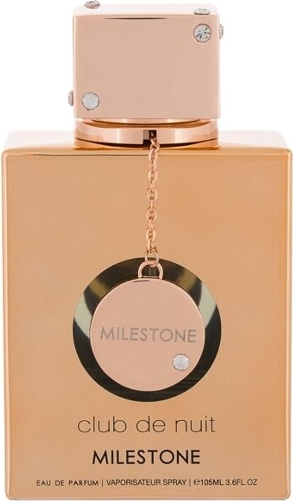 A close-up studio shot of a gold-colored perfume bottle with rose gold accents.