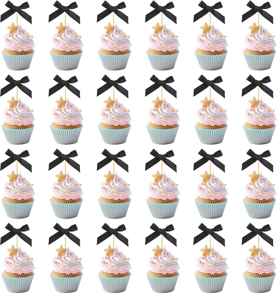 24 Stück Schwarze Schleifen Cupcake Topper - Coquette Ribbon Bow Geburtstagstorte Topper - Süße Cupcake Picks Geburtstagsfeier Dekorationen für...