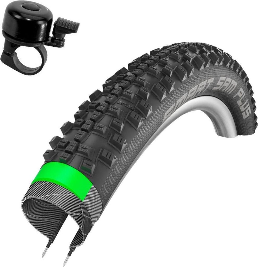 1 x Schwalbe Smart Sam PLUS Fahrradreifen Addix Performance DD GreenG E-25 SnakeSkin Fahrrad Decke Mantel 54-559 ( 26 x 2,10") inkl. Fahrradklingel