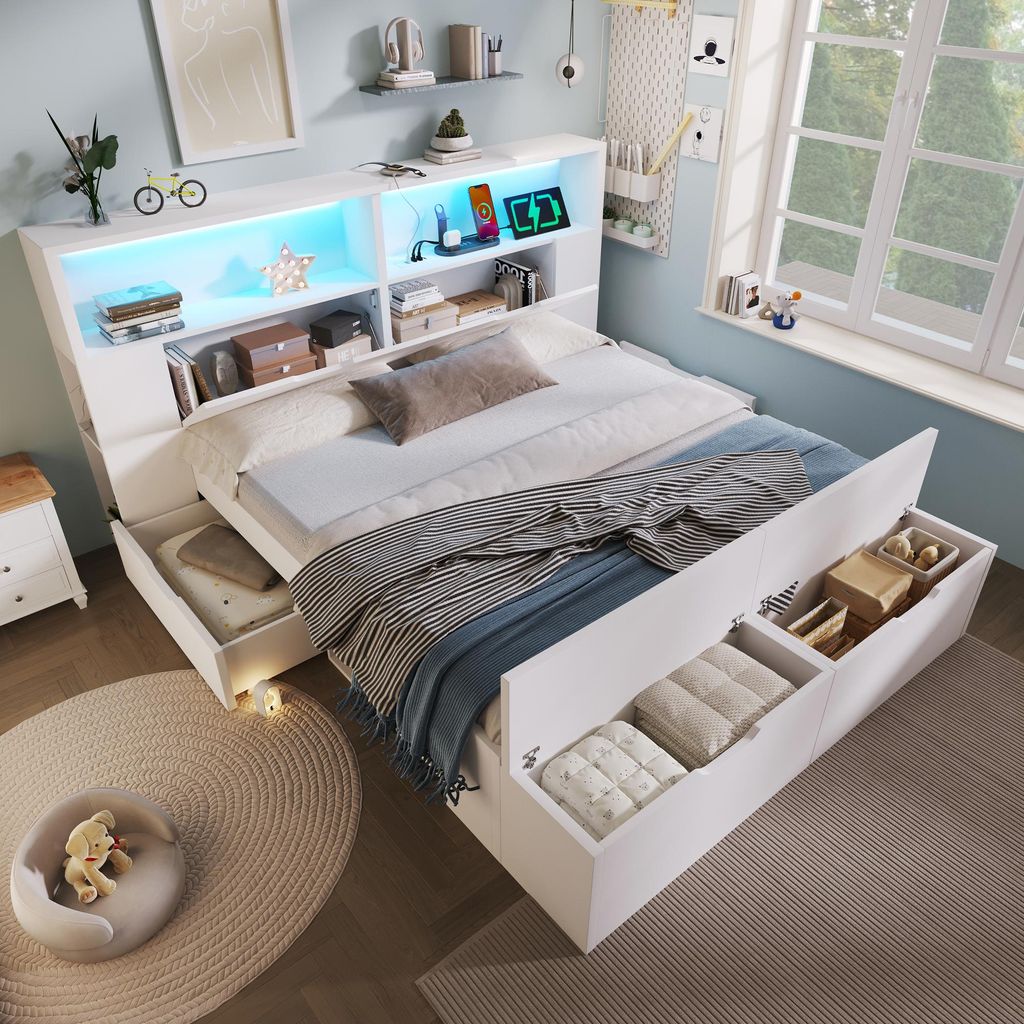 Holzbett 140x200 cm Doppelbett mit Stauraum, LED-Beleuchtung, USB-Ladeanschlüssen, Schubladen, Bettbank, Regalen, Lattenrost, Weiß(ohne Matratze )