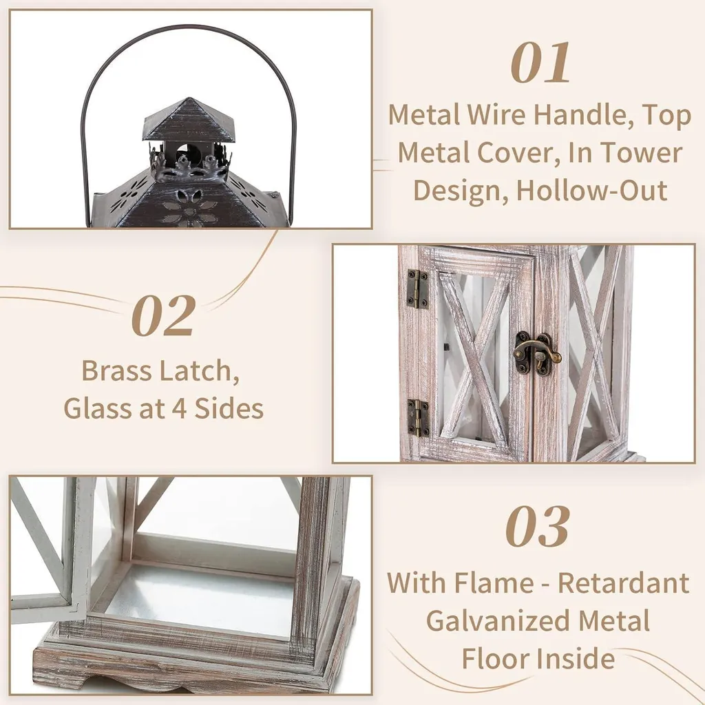 Sziqiqi Lanterna Vintage Decorazione in legno e metallo 28cm Beige antico - 7