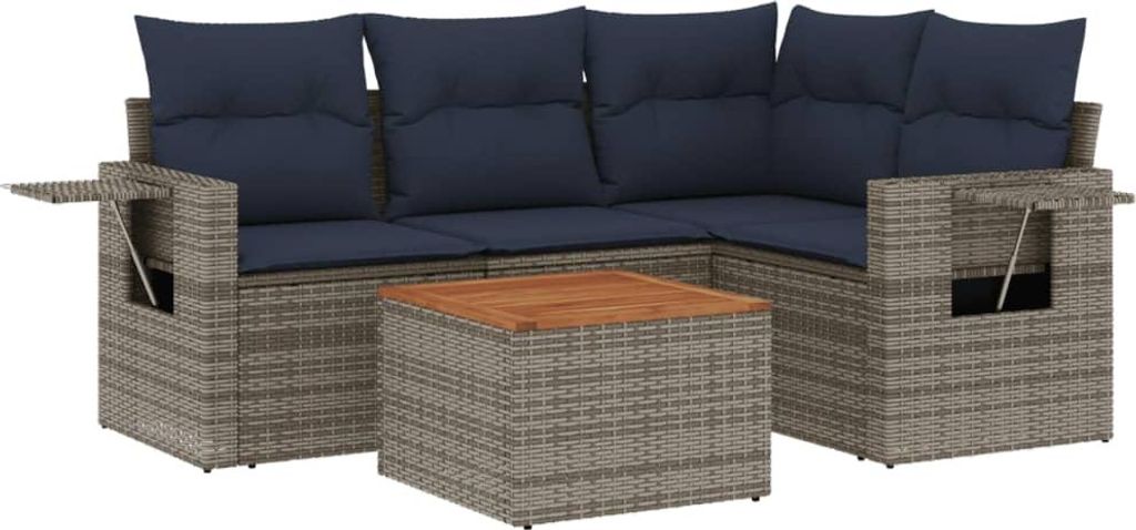 5-teiliges Gartensofa-Set mit Kissen, grau, Polyrattan