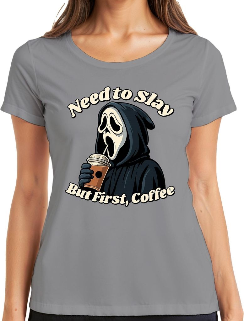 But First Coffee Sensenmann Halloween Kaffee Gothic Lustig Grusel Damen T-Shirt, Grau, M