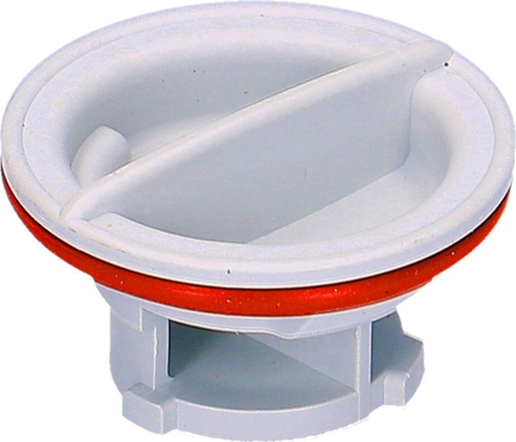 A close-up studio shot of a plastic drain plug with a red rubber seal.