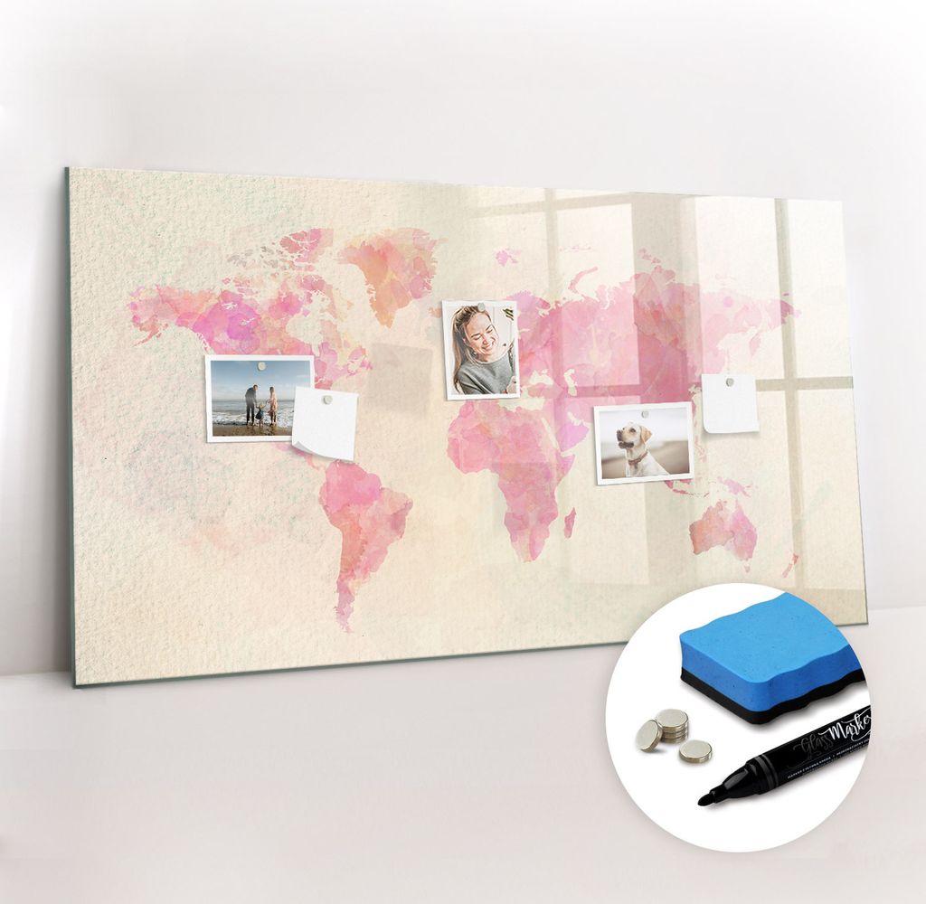 Magnetpinnwand Memoboard - Zubehörsatz - Schwarzer Marker + Schwamm + Magnete - 120 x 60 cm - Aquarell-Weltkarte