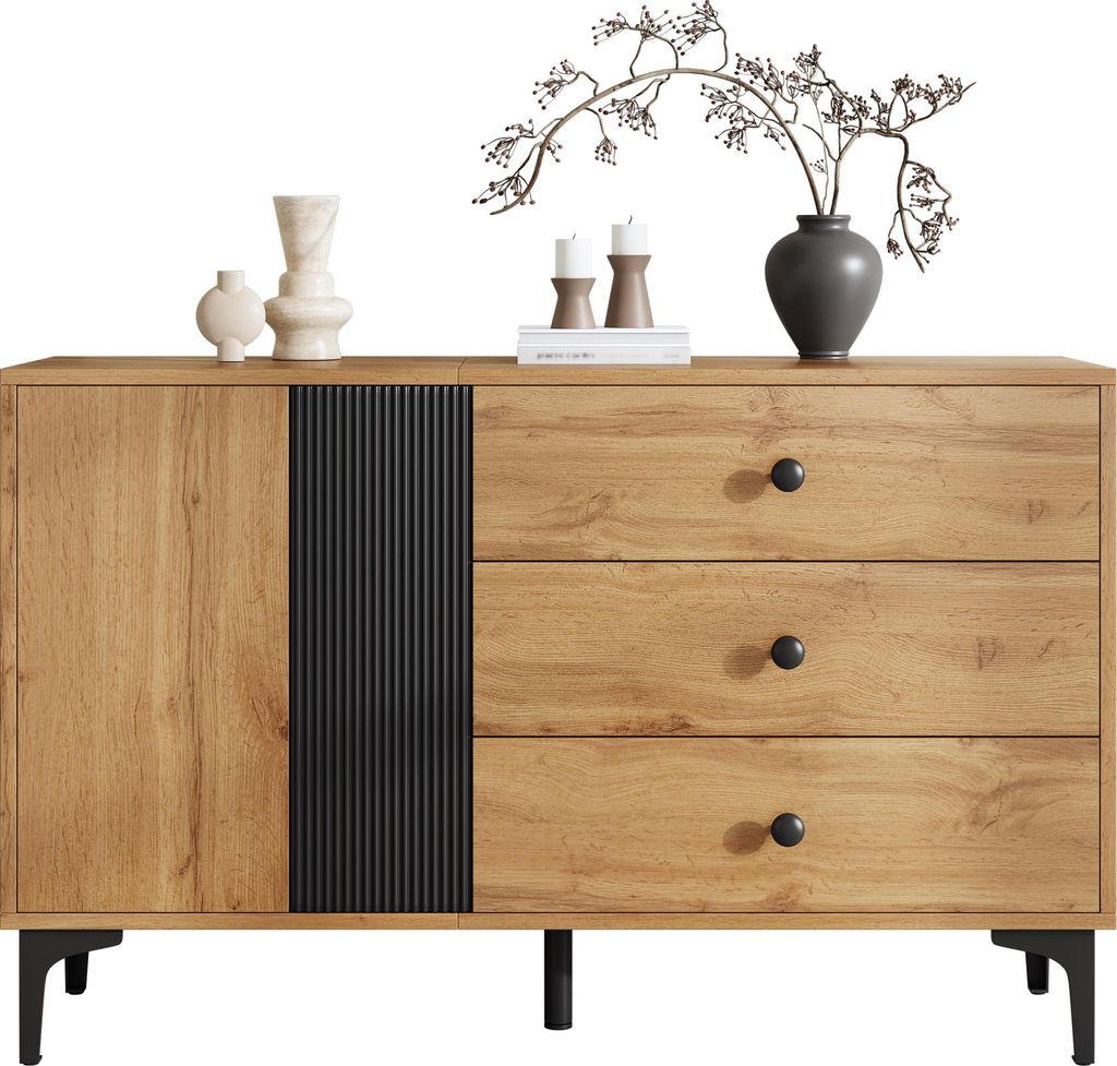 Modernes Sideboard und Anrichte mit 3 Schubladen, minimalistisches Küchen-Buffet aus Holz mit schwarzen vertikalen Streifen und Metallfüßen, 120...