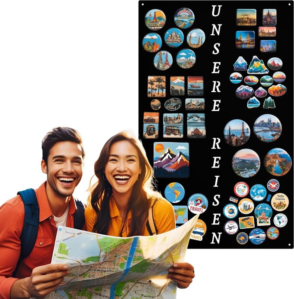 Anwicar Magnettafel Unsere Reisen - Rahmen 80x 50 cm - Schwarz