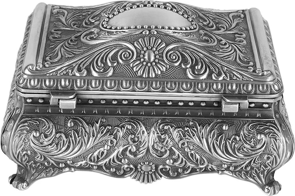 Boîte de rangement bijoux métal argent antique motifs fleurs gravées