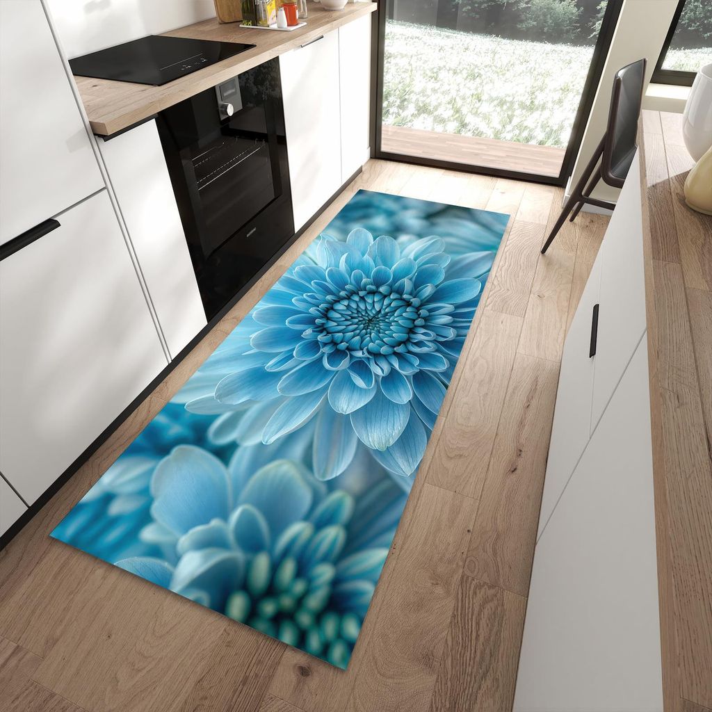 Küchenteppich 90x240cm rutschfest & abwischbar PVC Läufer - Blume von Blaue