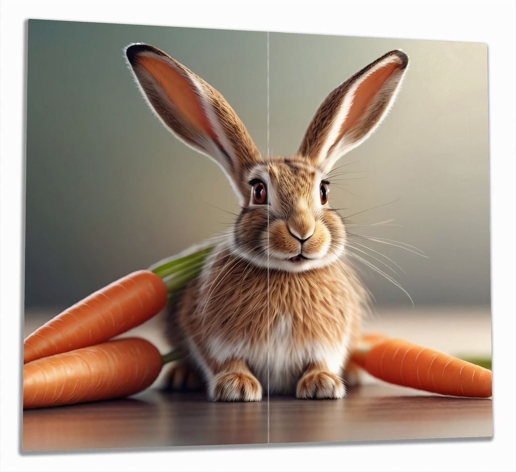 Wallario Herdabdeckplatte aus Glas, Größe 60 x 52 cm 2-teilig, Motiv Flauschiger Hase mit Möhren