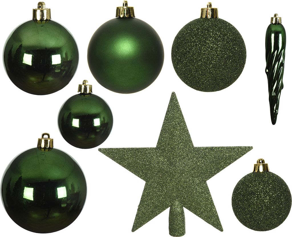 Weihnachtskugeln mit Christbaumstern Kunststoff 33er Set - Piniengrün