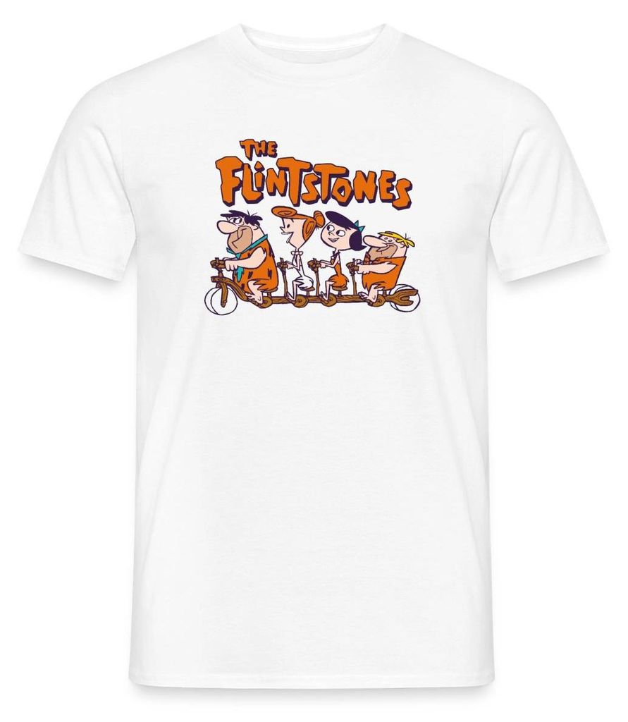 Spreadshirt The Flintstones Fred & Co Auf Steinzeit-Radtour Männer T-Shirt, L, Weiß