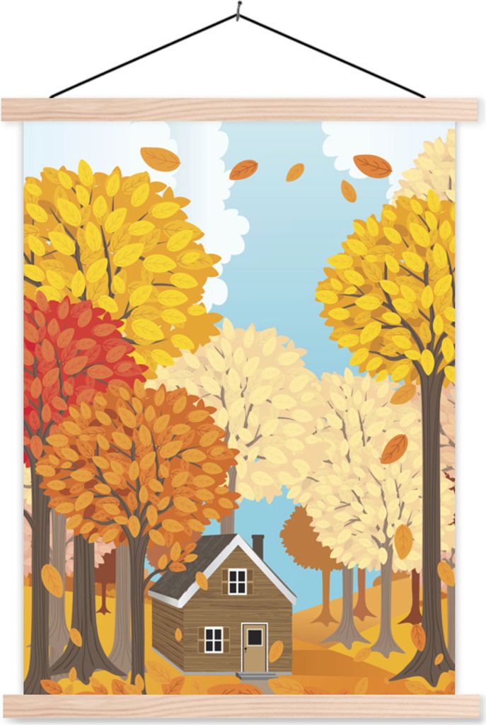 MuchoWow Textilposter Eine Illustration einer Jagdhütte im Wald 120x160 cm mit holzfarbenen Rahmen - Plakatkarton