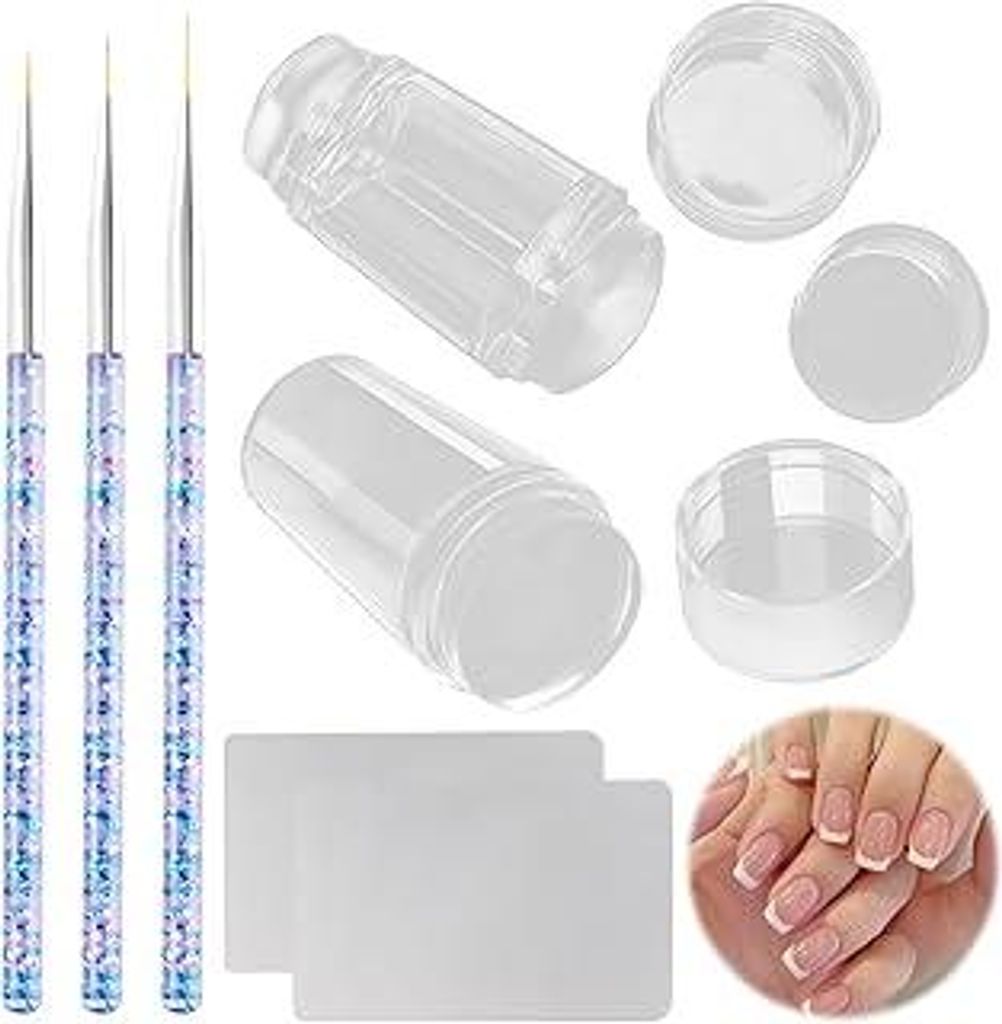 7 Stück Nagel Stempel Nagelpinsel Set, Nagelstempel mit Einzelkopf ,Nail Stamp mit Doppelkopf, French Stempel Nägel mit 3 Stück Nail Art Liner P...