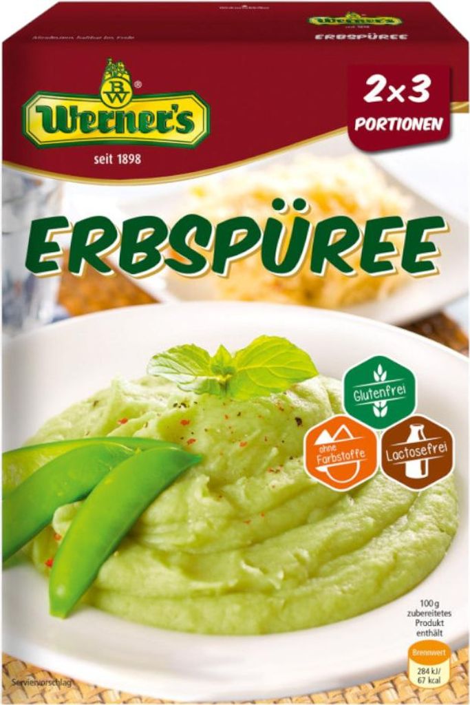 Product packaging for Werner's Erbspüree, showing a bowl of pea puree with garnishes and ingredients.
