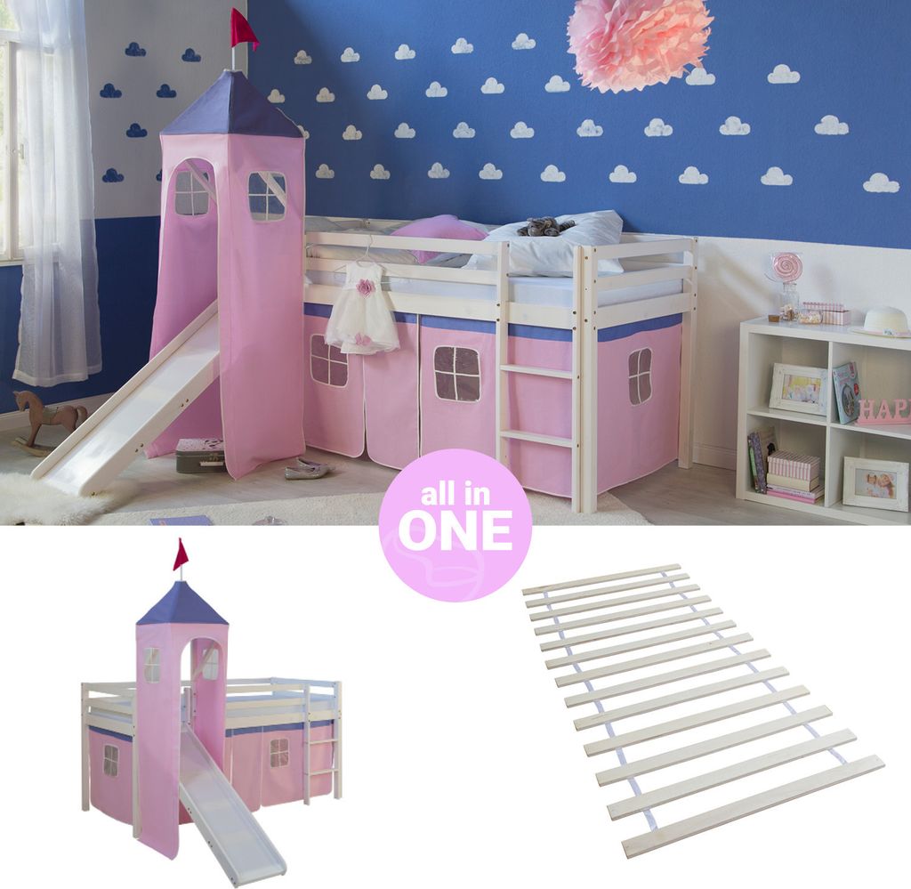 Homestyle4u Hochbett 90x200 mit Rutsche Turm Lattenrost Vorhang rosa Kinderbett Weiß Holz Kiefer Massiv Jugendbett