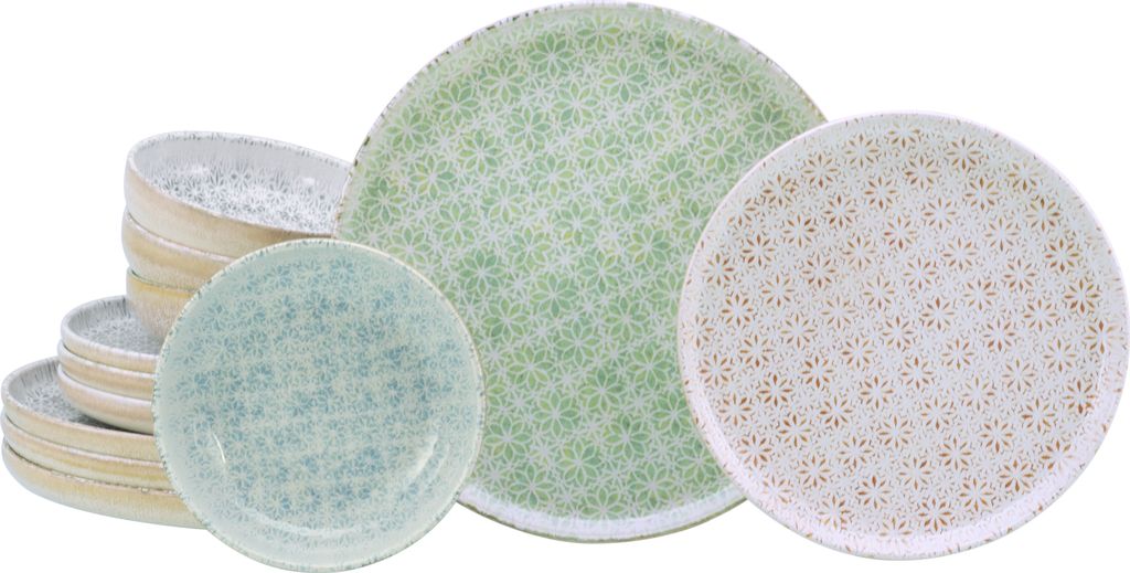 A collection of plates and bowls with a floral pattern.