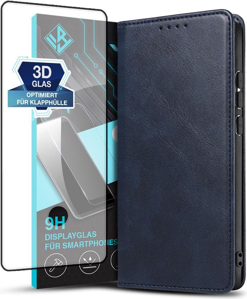 Handyhülle für Samsung Galaxy S23 Ultra mit 9H Displayglas Kunstleder Flip Cover Hülle Handytasche Case Kartenfach Farbe: Blau