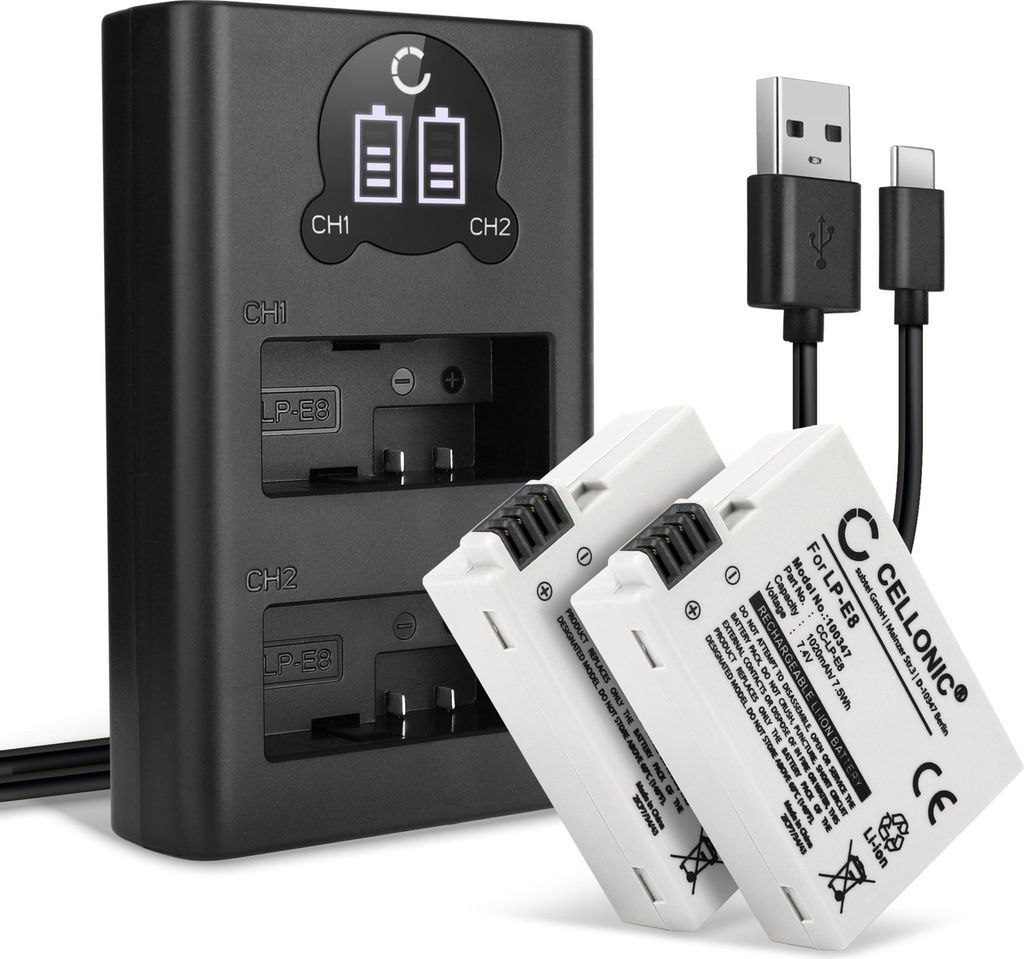 CELLONIC 2x Akku für Kamera Kompatibel mit Canon EOS 600D, EOS 550D, EOS 700D, LP-E8 - (1020mAh, 7.4V) + Dual Ladegerät