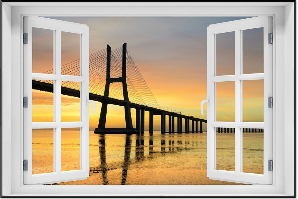Wallario Wandbild mit Fenster-Illusion: Vasco da Gama Brücke, Größe: 61 x 91,5 cm, Poster mit schwarzem Aluminiumrahmen