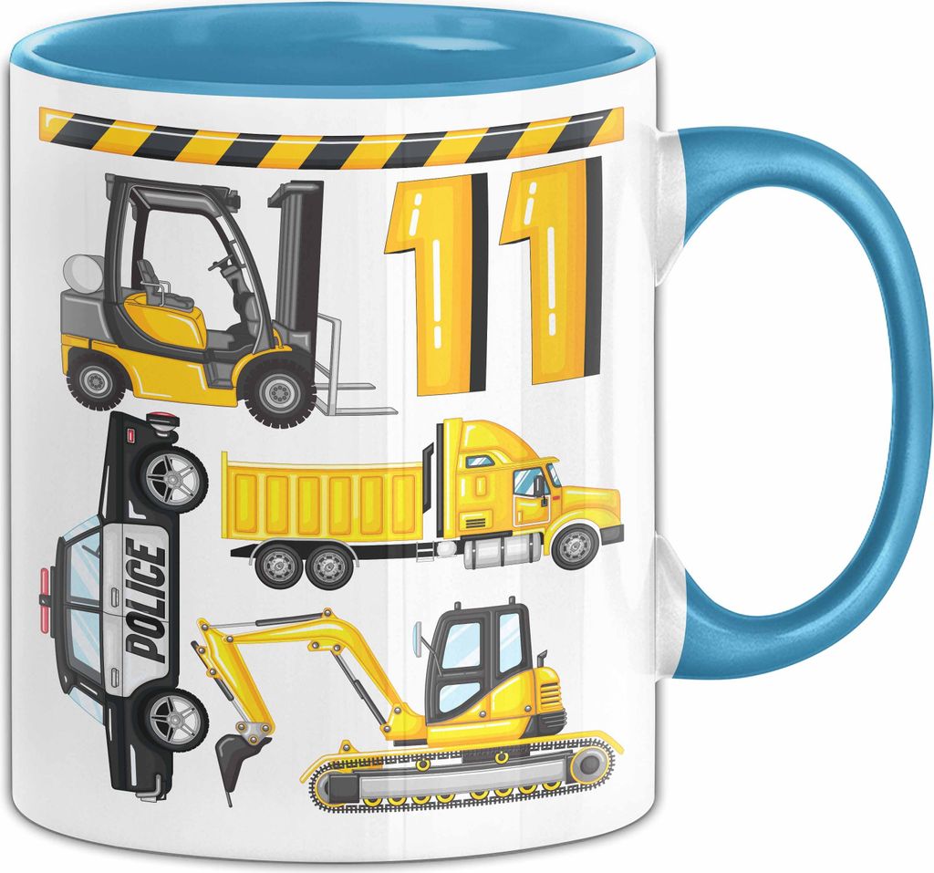 11. Geburtstag Geschenk Tasse Becher Jungen Jungs Baustelle Polizei Geburtstagsgeschenk 11 (Blau)