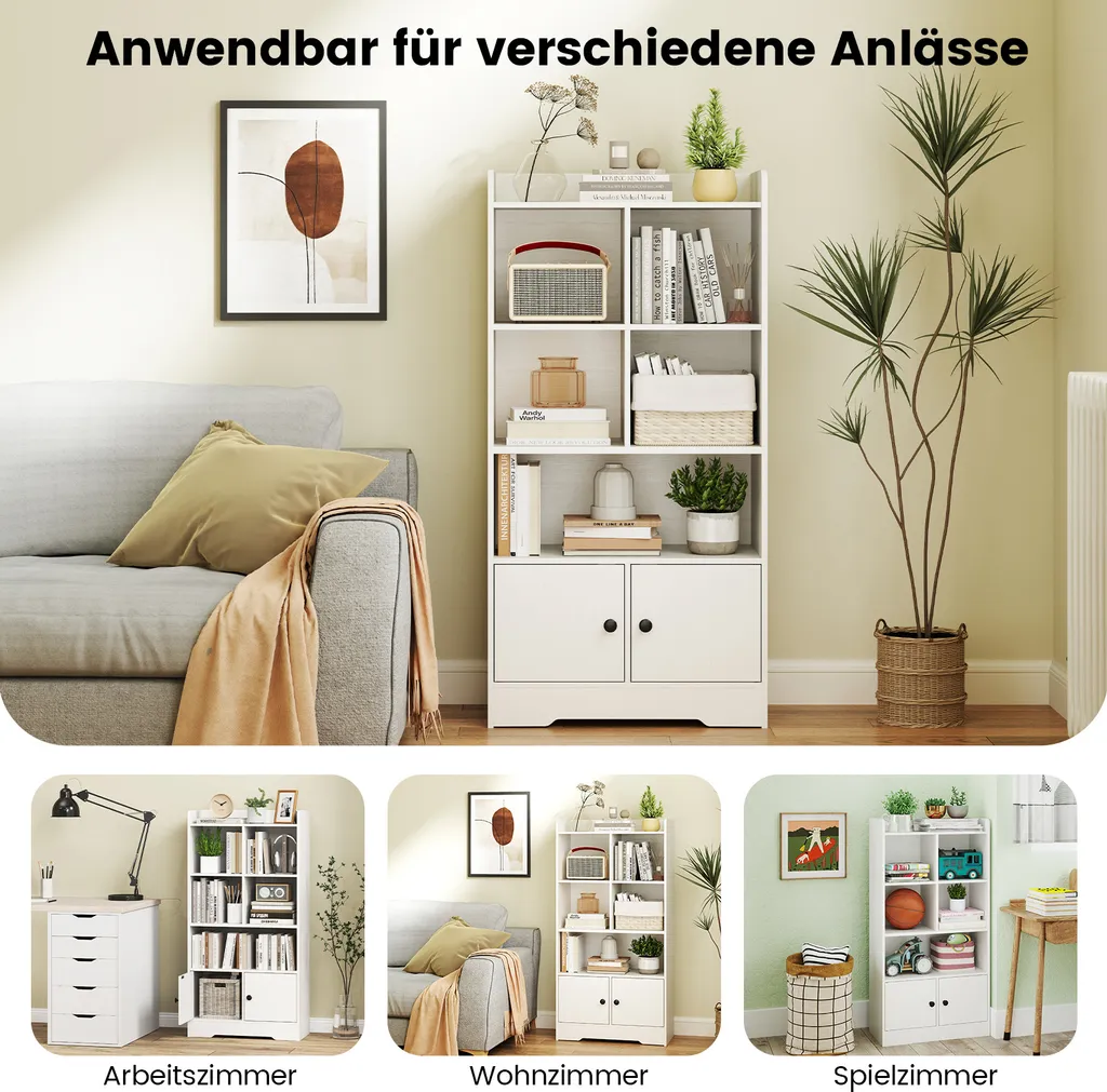 Petite bibliothèque vitrine blanche avec 5 compartiments et rangements