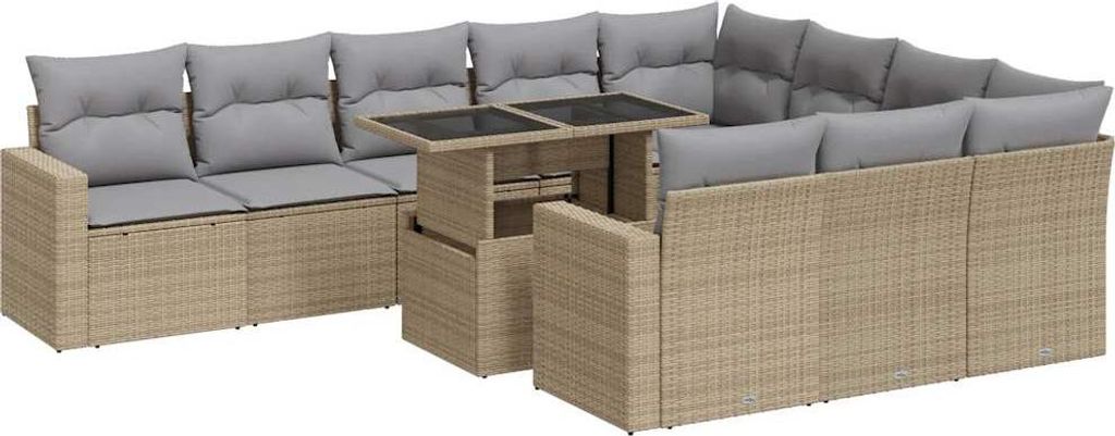 11-tlg. Garten-Sofagarnitur mit Kissen Beige Poly Rattan