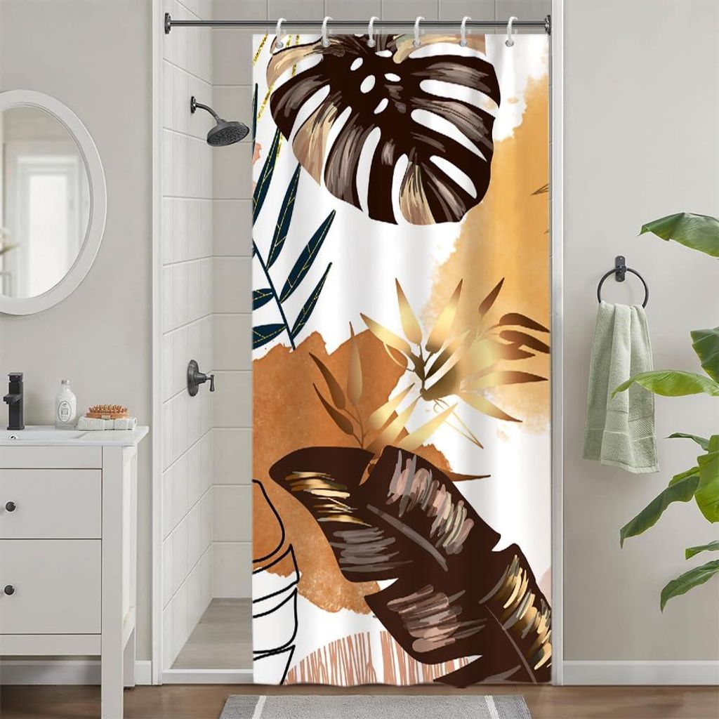 Schmaler Duschvorhang 90 x 180 cm, schimmelresistent, Boho-Stil, orangefarbenes tropisches Palmenblatt-Dschungeldesign, kleiner waschbarer wasserdi...