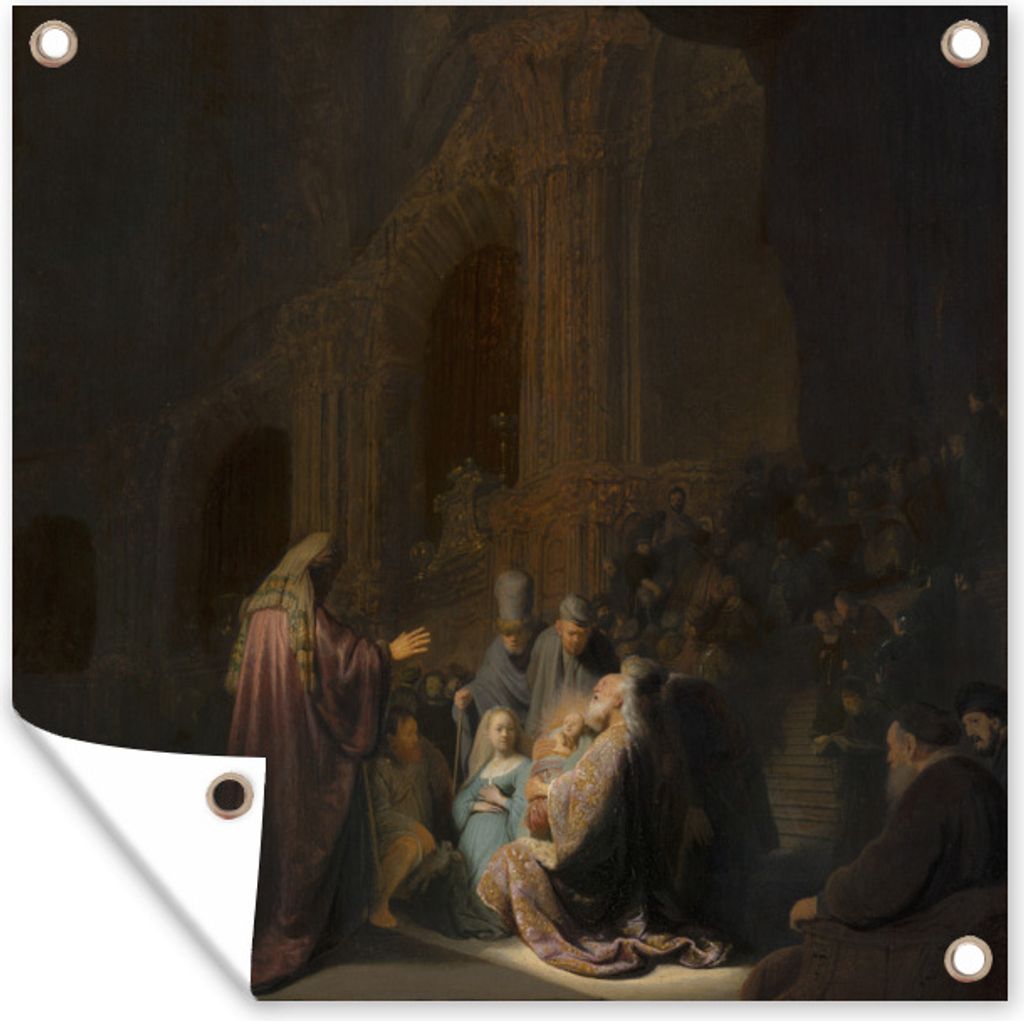 MuchoWow 100x100 cm Outdoor-Poster Gartendeko Sichtschutz Garten Poster für den Garten Das Lied des Simeon - Gemälde von Rembrandt van Rijn