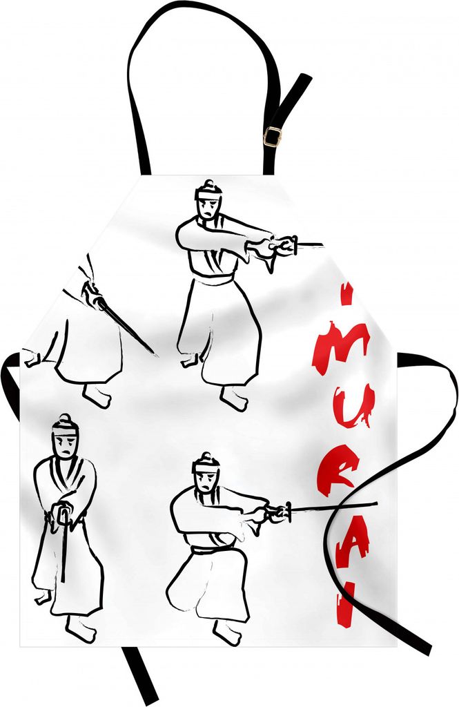 ABAKUHAUS japanisch Kochschürze, Kampf Zahlen von Samurai mit Katana auf weißem Hintergrund asiatische Kampfkunst Muster, Farbfest Höhenverstell...