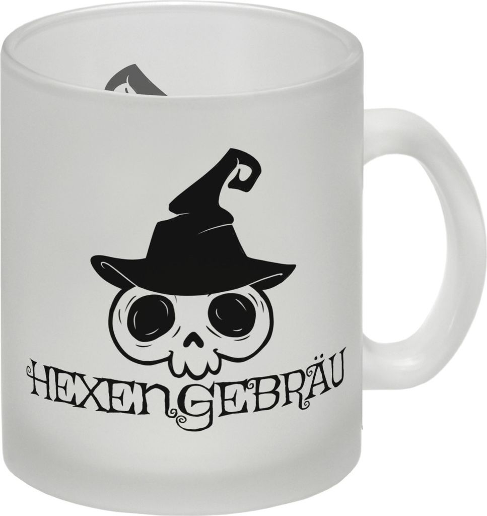 Glas Tasse mit lustigem Halloween Motiv - Totenkopf mit Hexenhut
