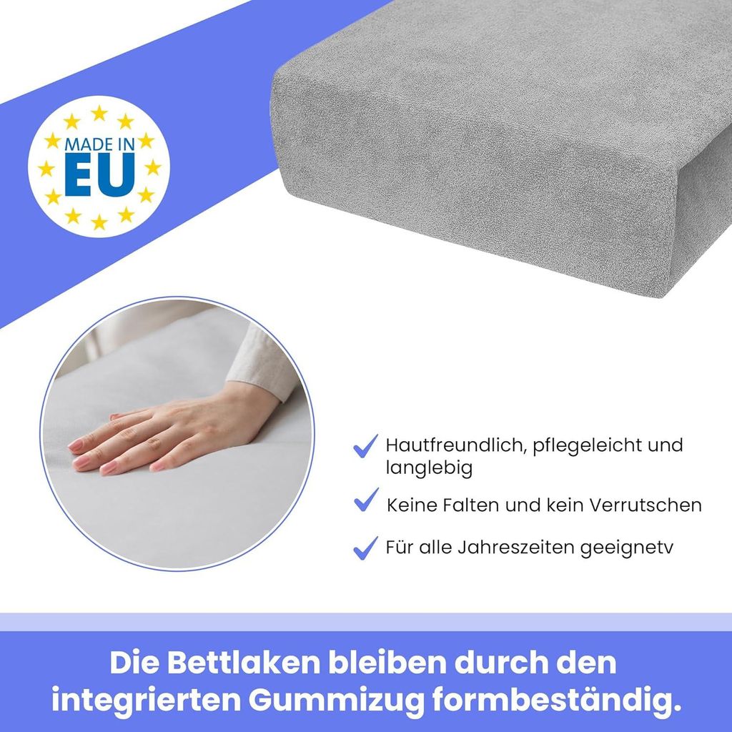 Frottee Spannbettlaken Silber 140x200 cm aus Baumwolle und Polyester mit Elasthan, Rundum-Gummizug, weich, atmungsaktiv, für Standard- und Wasserb...