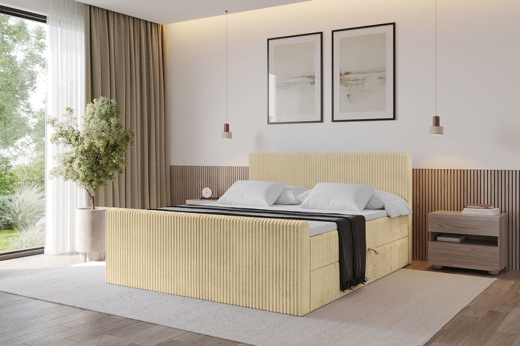 ALTDECOR Boxspringbett TOLO-Z 180x200 cm - Cord - Ecru - Komplett-Set mit Bonell-Federkernmatratze und Topper, Polsterbett mit H3 Matratze und Bett...