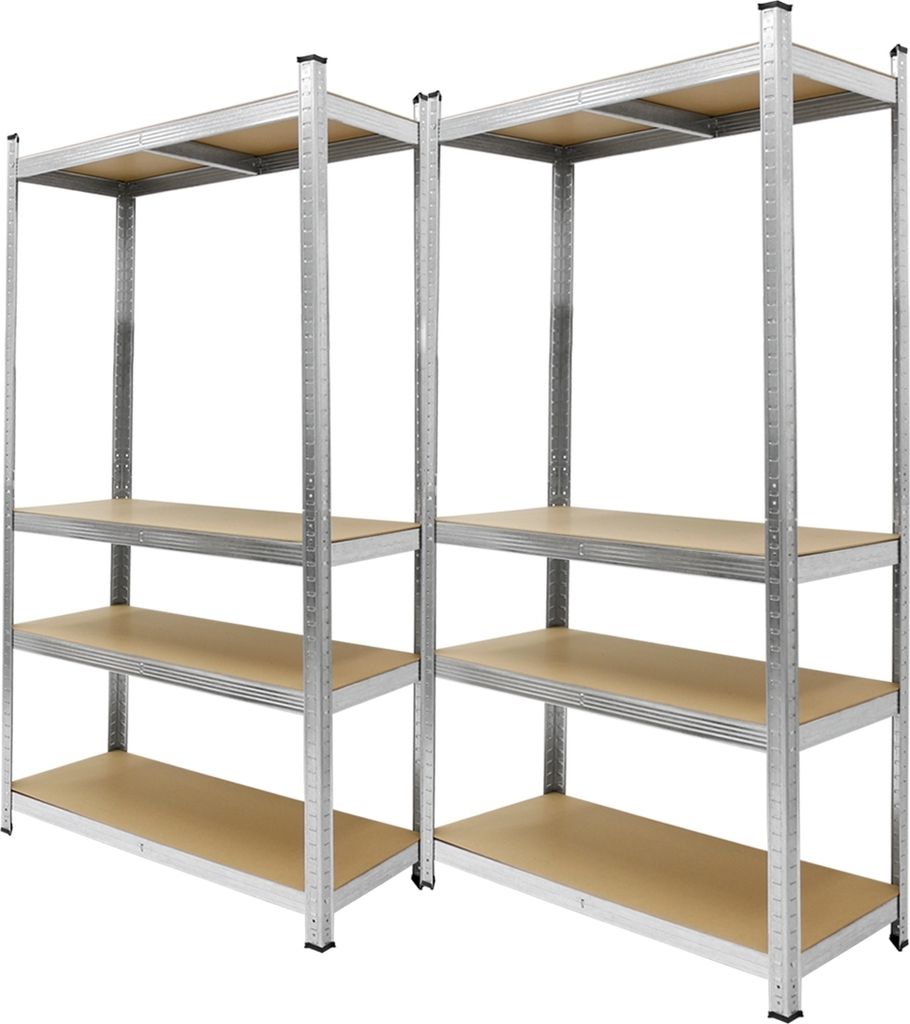 Two metal shelving units with wooden shelves against a white background.