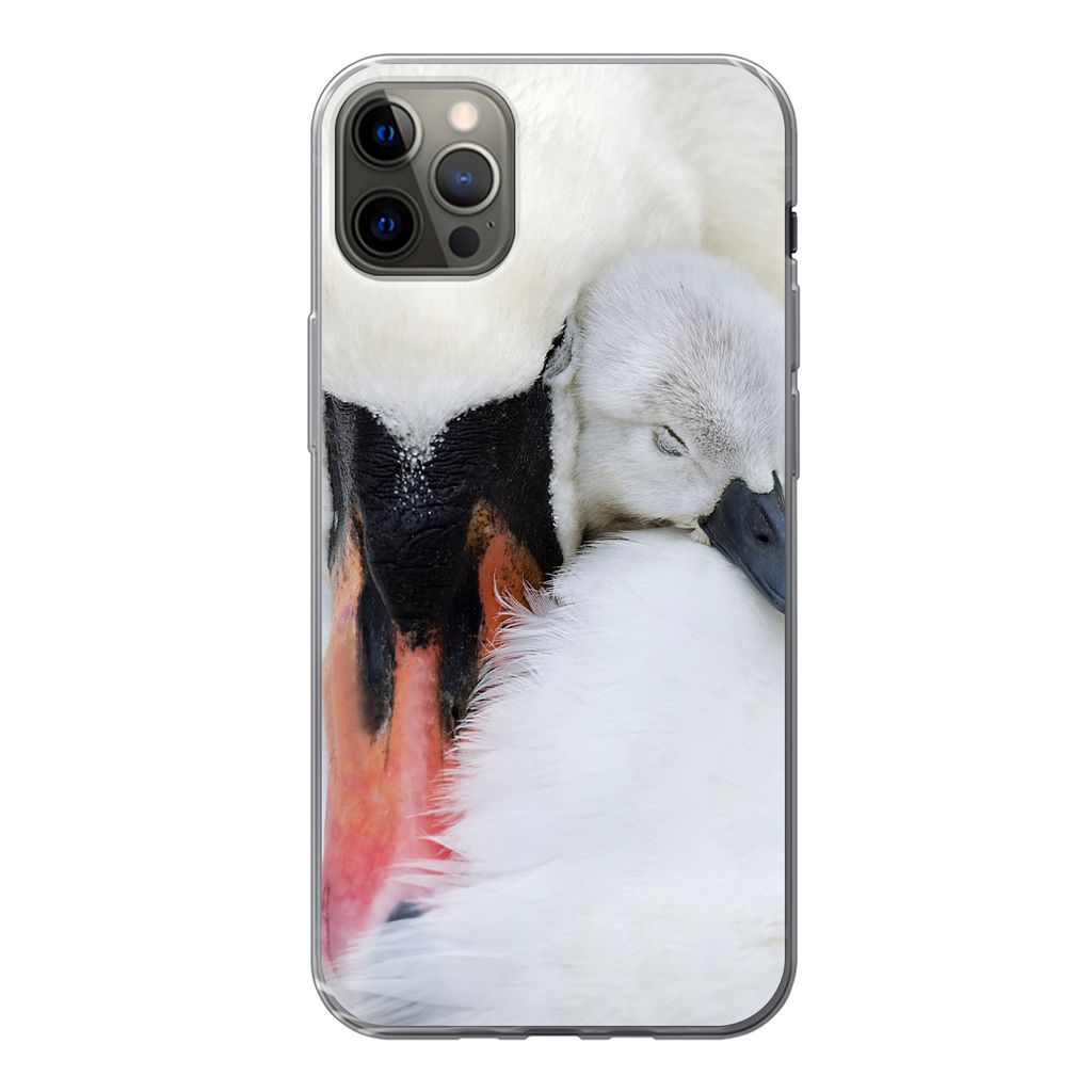 MuchoWow Handyhülle Schutzhülle Hülle für iPhone 13 Pro Max Nahaufnahme eines Schwans mit Jungen Silikon Softcase Handy Hülle - Mobiltelefon