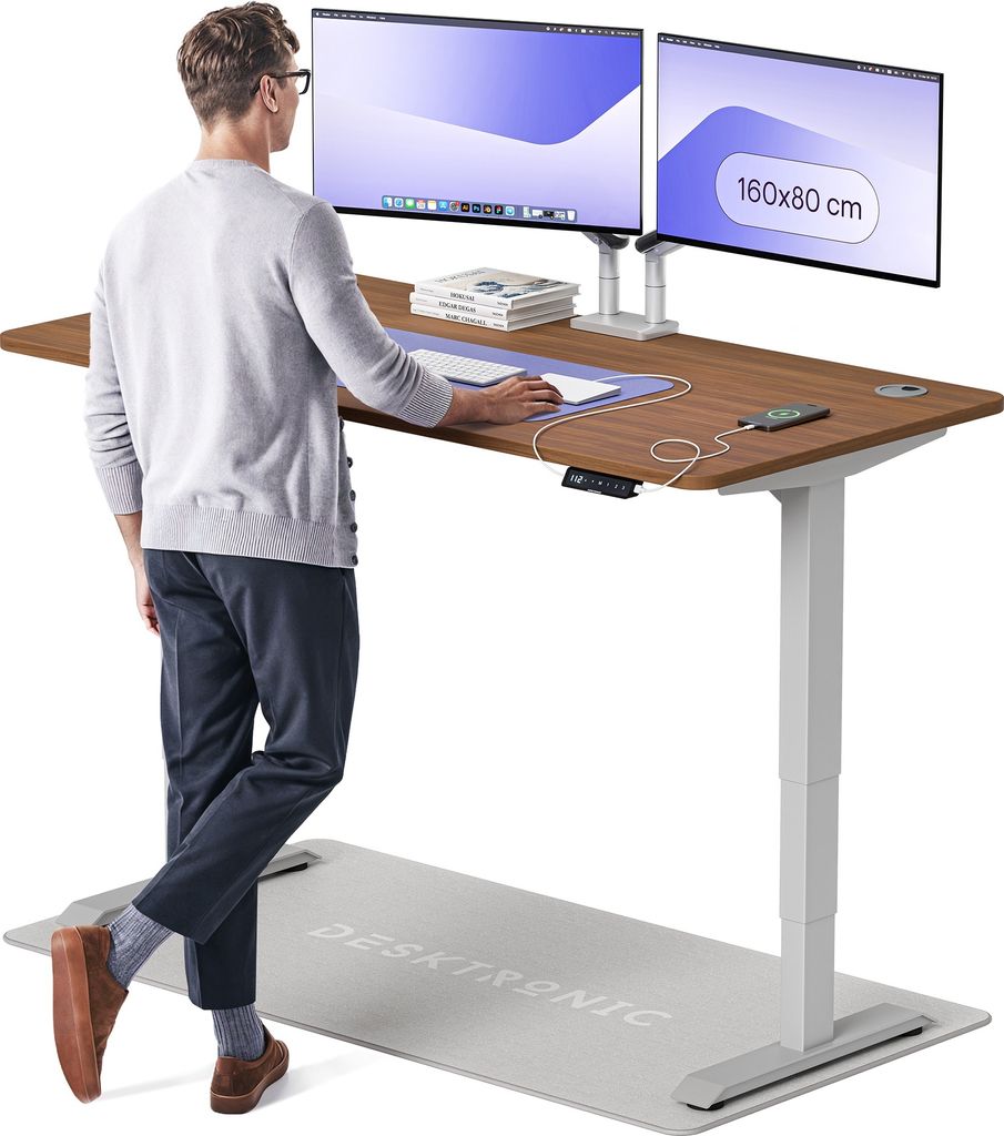Desktronic HomePro Elektrisch höhenverstellbarer Schreibtisch 160x80cm Grau/Walnuss mit Memory-Funktion, Anti-Kollisions Technologie, USB-A und US...