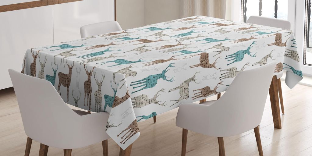 ABAKUHAUS Hirsch Tischdecke, Tiere mit alten Textmuster Weihnachten Theme Vintage inspirierte Illustration, 140 x 170 cm, Türkis Beige Braun