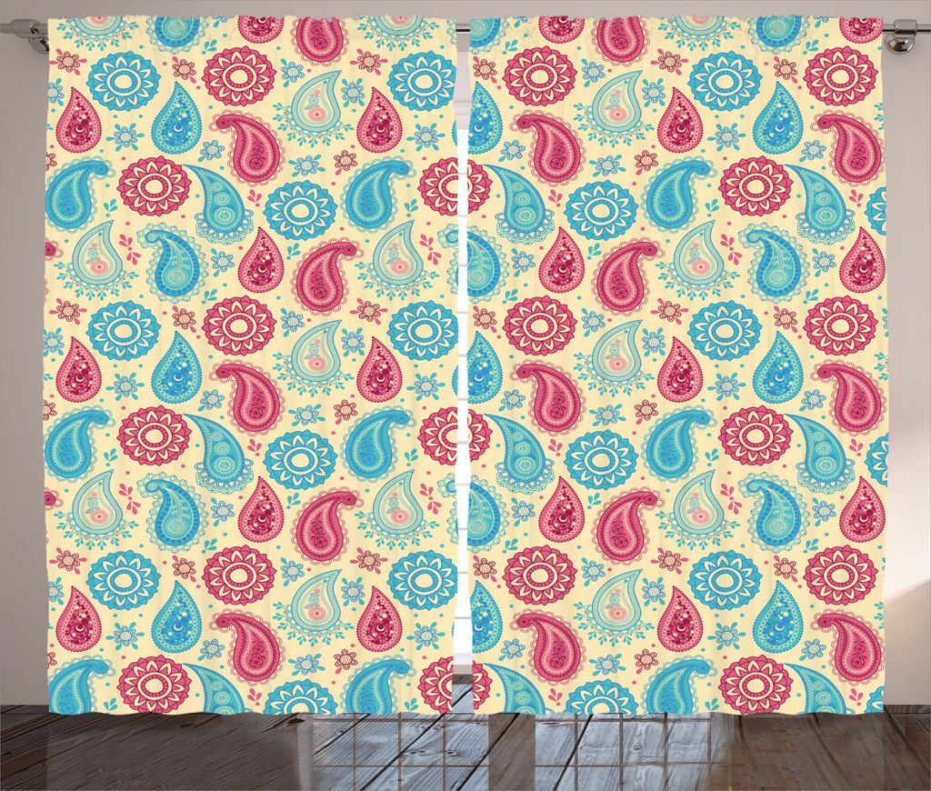 ABAKUHAUS Paisley Rustikaler Vorhang, Blumen-Entwurf, Wohnzimmer Universalband Gardinen mit Schlaufen und Haken, 280 x 245 cm, Turquoise Pink Cream