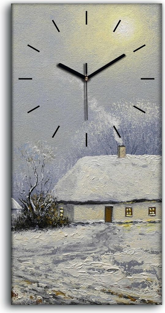 Küchenuhr Bürouhr Leinwand Uhr 30x60 Gemälde Winterlandschaft Hütten Bäume Kunst - schwarze Hände