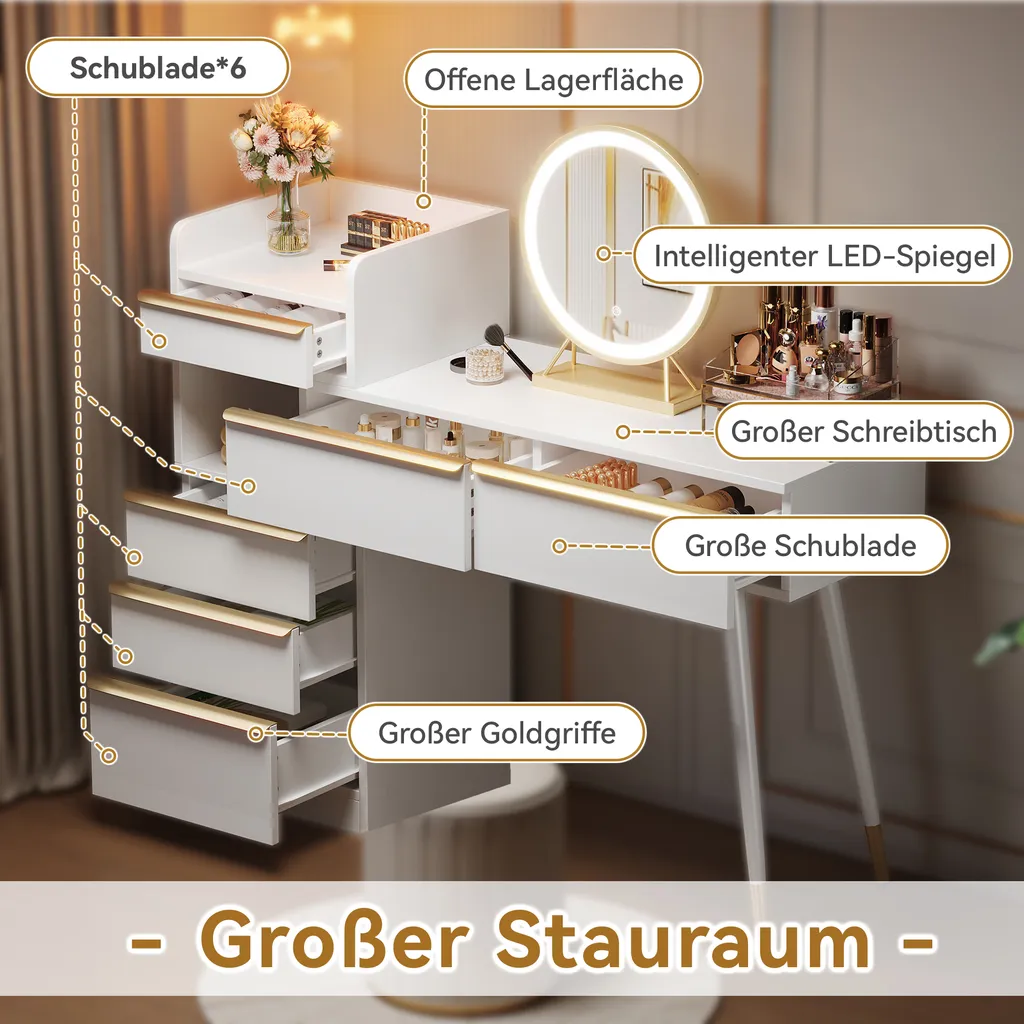 Flieks Coiffeuse Blanche avec Miroir LED, Commode et 6 Tiroirs de Rangement - 4