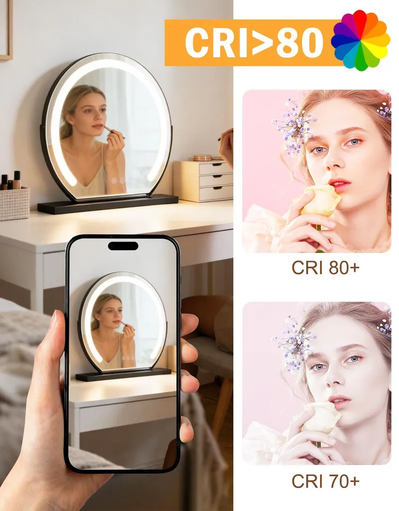 Miroir de courtoisie à LED noir avec 3 modes d'éclairage variable - 7
