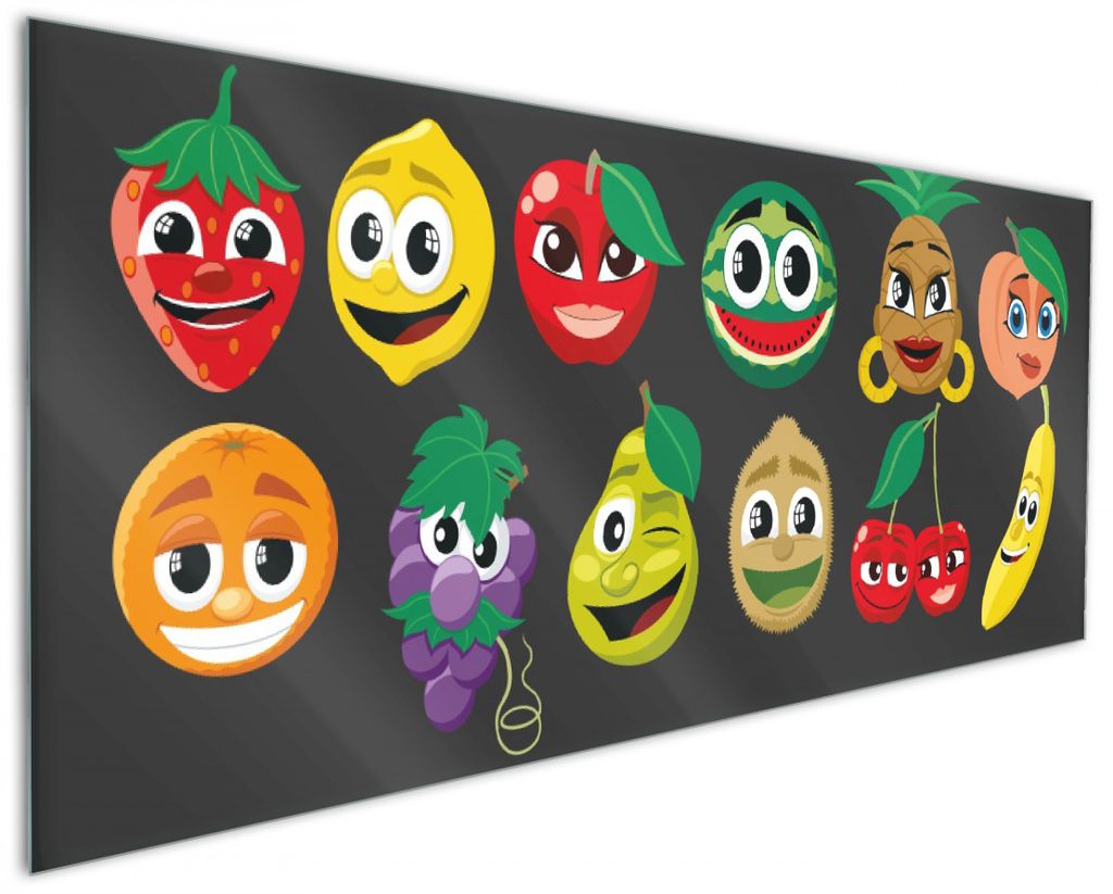 Wallario Küchenrückwand aus Glas, Größe: 125 x 50 cm, Motiv: Obst-Smilies im Comic-Stil - Lustige Früchte | Spritzschutz | abwischbar | pflege...
