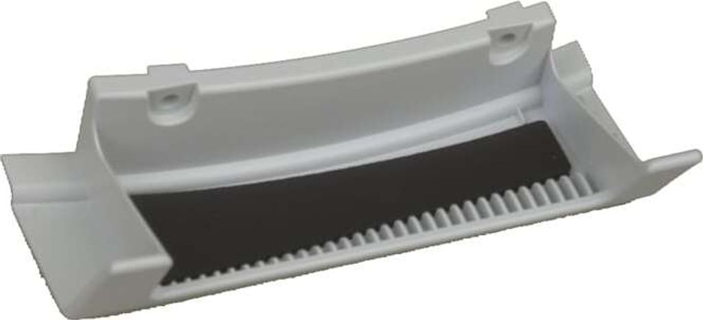A white plastic appliance part with a black rubber strip and ribbed texture.