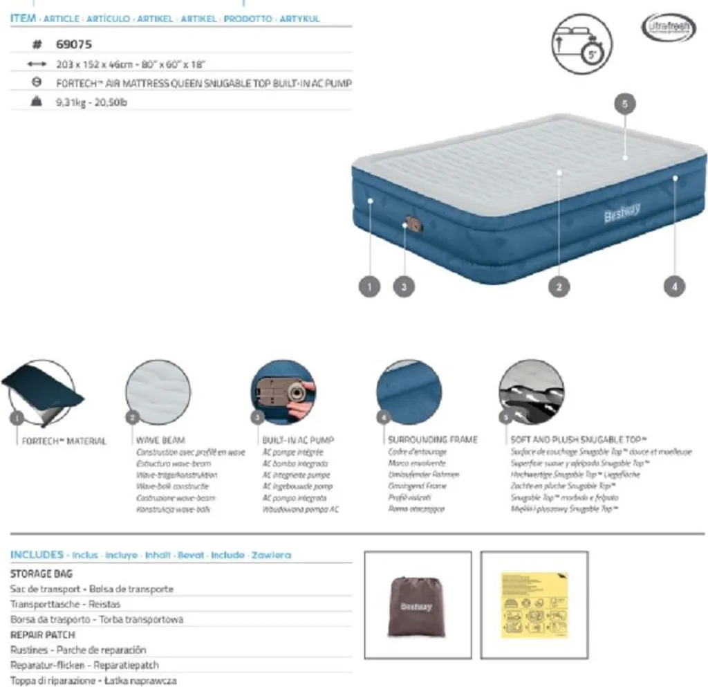 Lit Gonflable Fortech avec Pompe Électrique et Revêtement Snugable Top - 4