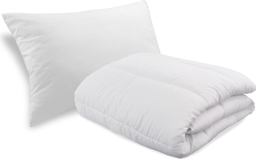 A white pillow and a folded white comforter are shown against a white background.
