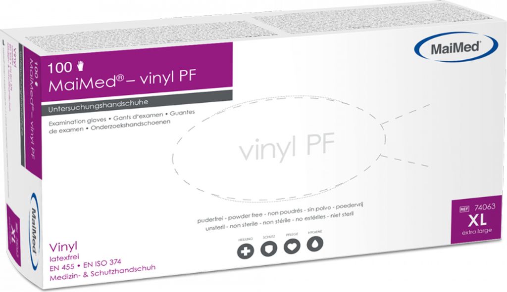 A box of MaiMed vinyl PF examination gloves.