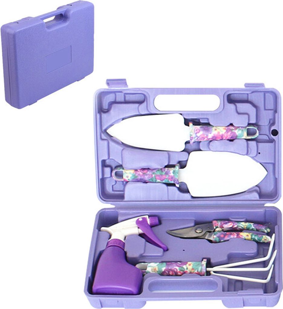 5-tlg. Gartenwerkzeugset Gartengeräte-Geschenkset mit rutschfestem Griff und rostfreier Kelle, Kultivator, Baumschere, Wasserspritze und Etui, Lila