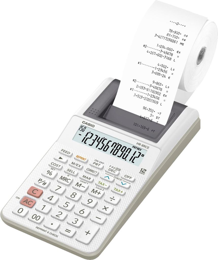 Casio HR-8RCE - Desktop - Druckrechner - 12 Ziffern - 1 Zeilen - Akku - Weiß