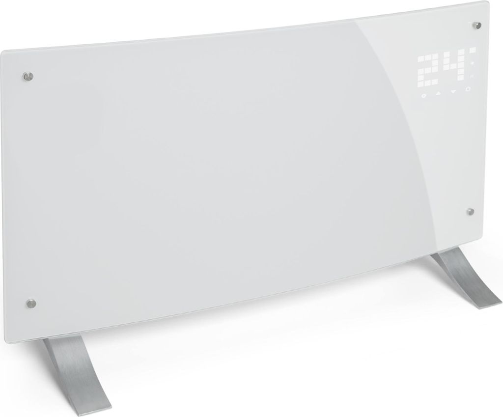 A white electric heater with a digital display and silver legs, set against a white background.